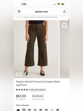 Quince Olive Green Organic Stretch Corduroy Cropped Wide Leg Pants